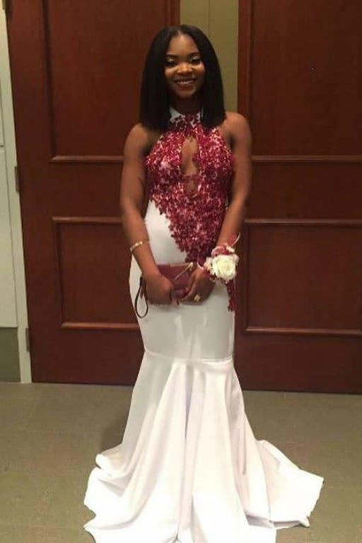 Excellent Halter Sleeveless Open Back Mermaid Prom Dresses with Red Lace Appliques - Prom Dresses