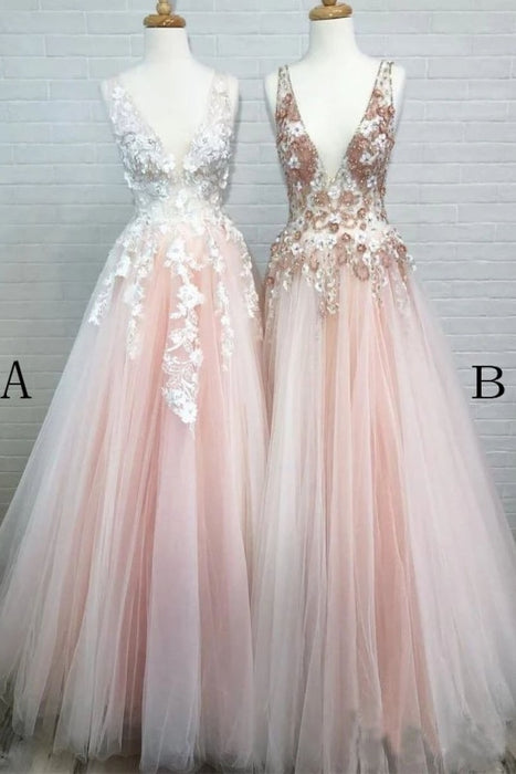 Excellent Modest Excellent Light Pink V Neck Sleeveless Tulle Prom Dress with Flowers and Beads - Prom Dresses