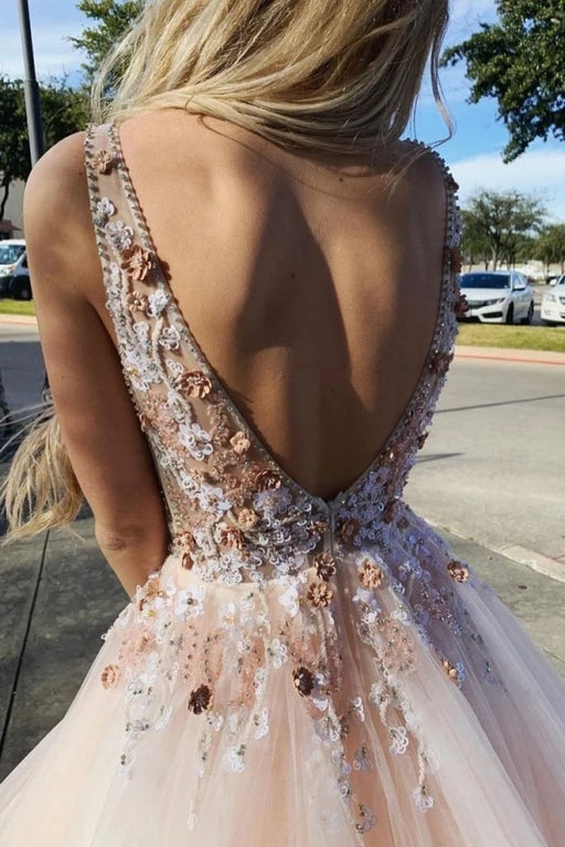 Excellent Modest Excellent Light Pink V Neck Sleeveless Tulle Prom Dress with Flowers and Beads - Prom Dresses