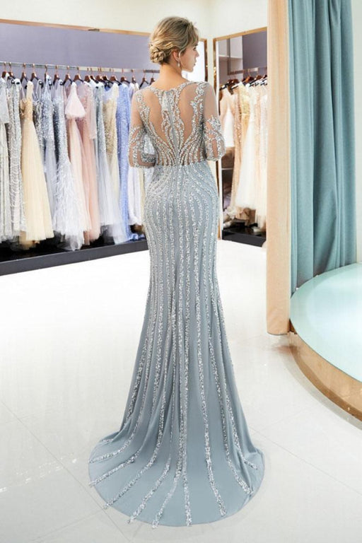 Excellent Precious Awesome Gray Beaded Evening Dresses Luxury Mermaid Crystal Sweep Train Long Sleeves Prom Dress - Prom Dresses