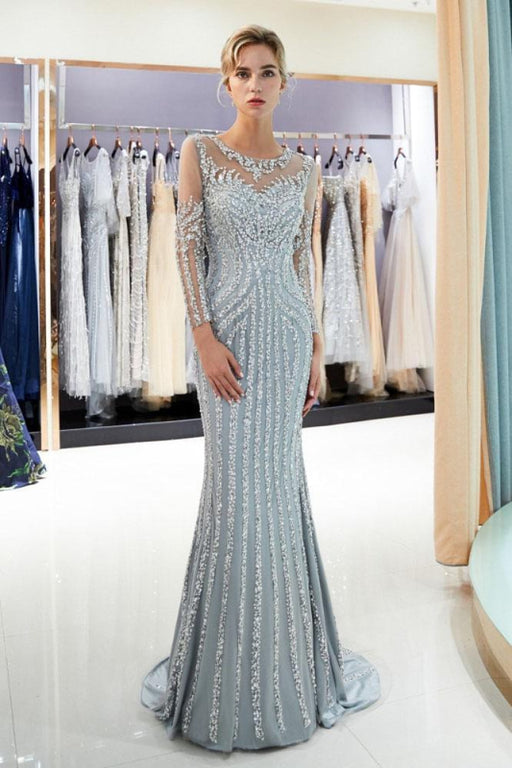 Excellent Precious Awesome Gray Beaded Evening Dresses Luxury Mermaid Crystal Sweep Train Long Sleeves Prom Dress - Prom Dresses
