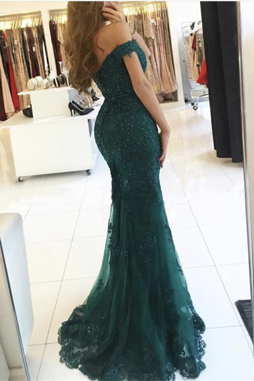 Excellent Precious Fabulous Dark Green Off-the-shoulder Mermaid Tulle Prom Dress with Beads Evening Gown - Prom Dresses