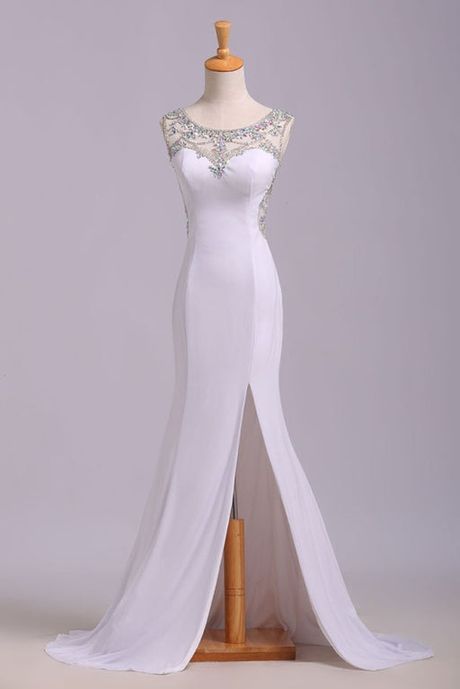 Excellent Excellent Sleek White Mermaid Sleeveless Split Prom Sequins Sweep Train Dress with Rhinestones - Prom Dresses