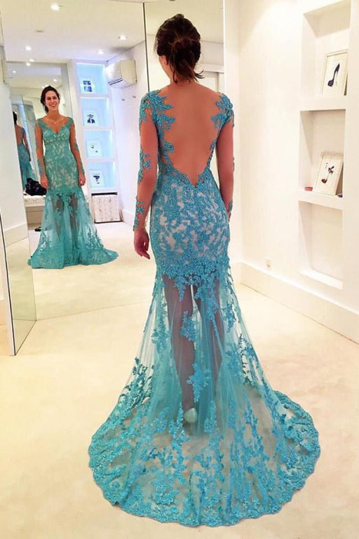 Exquisite Affordable Fabulous Gorgeous Mermaid V-neck Gown Long Sleeves Prom Dress with Lace Appliques - Prom Dresses