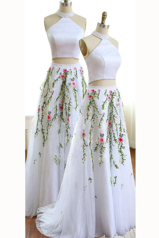 Exquisite Affordable Unique White Jewel Sleeveless A-line Tulle Two Pieces Prom Dress with Flowers for Teens - Prom Dresses