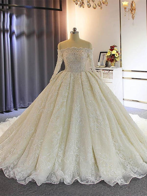 Exquisite Bateau Long Sleeves Lace-Up Ball Gown Wedding Dresses with Train - picture color / Long train - wedding dresses