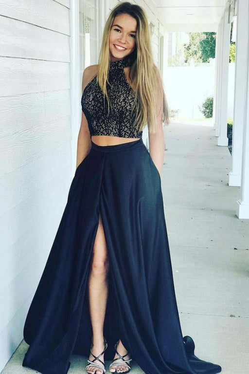 Exquisite Chic Navy Blue High Neck Prom Dress with Slit Two Piece Sleeveless Cheap Formal Dresses - Prom Dresses