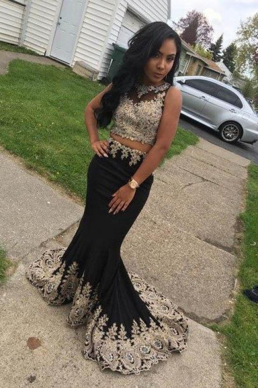 Exquisite Elegant Fabulous Black Two Piece Sleeveless Mermaid Long Prom Dresses with Lace Appliques - Prom Dresses