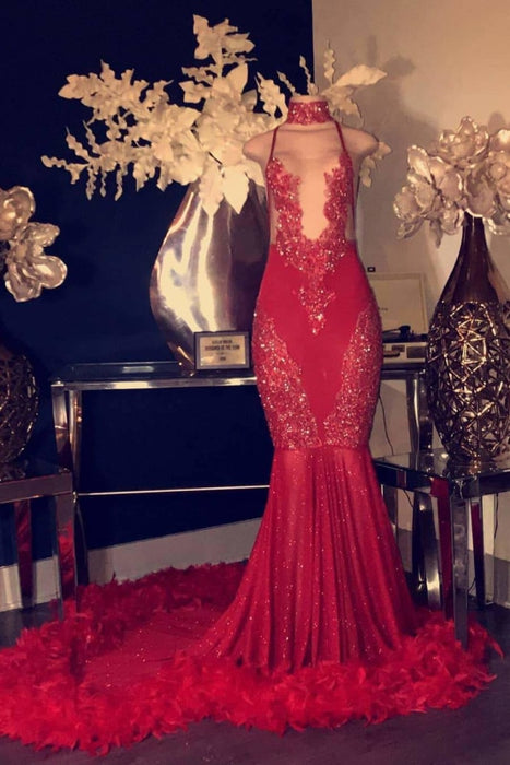 Exquisite Red Halter Sleeveless Sequins Mermaid Prom Dresses with Train - Prom Dresses