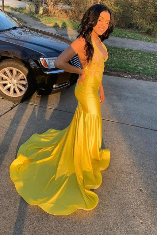 Exquisite Sleeveless Halter Backless Mermaid Prom Dresses with Train - Prom Dresses