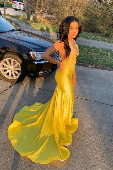 Exquisite Sleeveless Halter Backless Mermaid Prom Dresses with Train - Prom Dresses