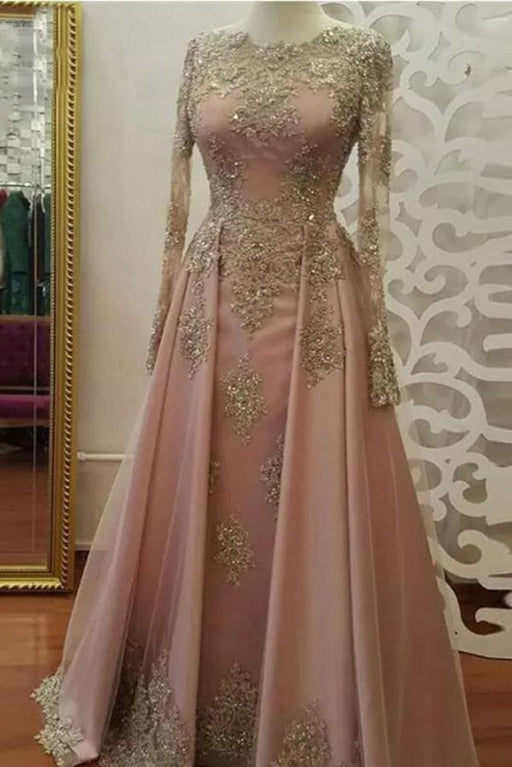 Eye-catching Chic Sleek Floor Length Long Sleeves Prom Dress with Gold Appliques Beaded Evening Dresses - Prom Dresses