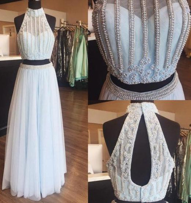 Eye-catching Fascinating Two Piece Beaded High Neck Light Sky Blue Tulle Sleeveless Long Formal Dress - Prom Dresses
