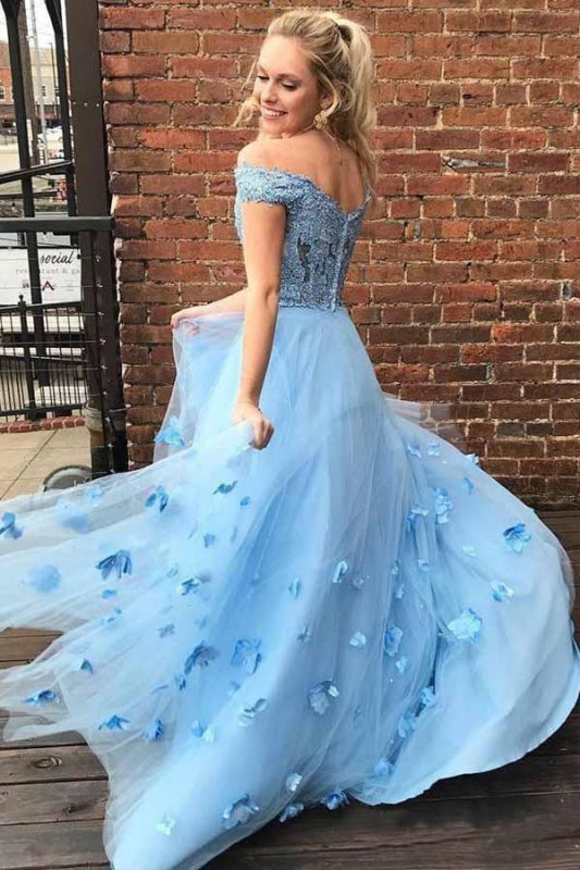 Eye-catching Eye-catching Two Off the Shoulder Tulle Prom with Lace A Line 2 Piece Long Formal Dress - Prom Dresses
