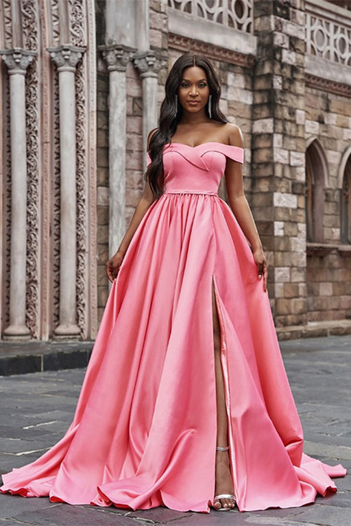 Blush Pink Off-the-Shoulder Prom Gown with Thigh-High Split