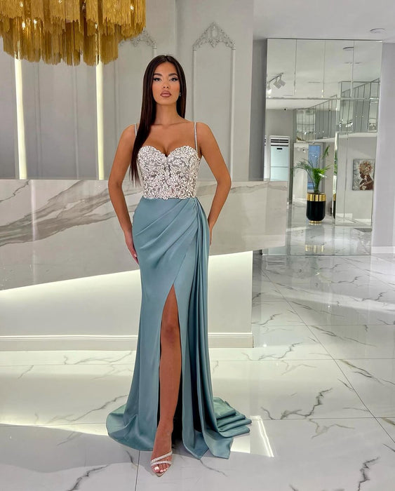 Baby Blue Prom Dress with High Slit Spaghetti Straps Sweetheart Neckline and Appliques