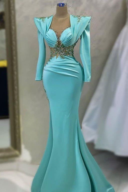Satin Emerald Prom Dress with Applikation Sleeves and Lang Mermaid