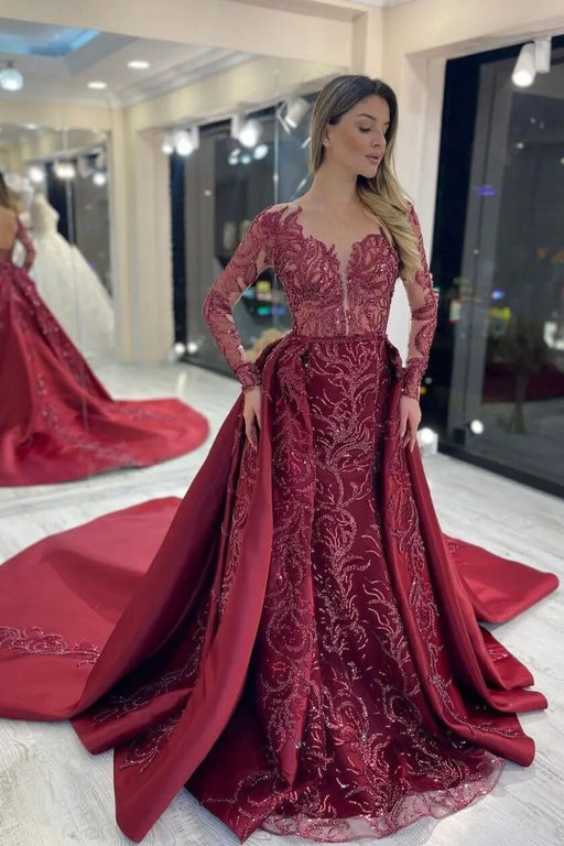 Mermaid Evening Dress with Long Sleeves Applique Sequins Elegant Rose