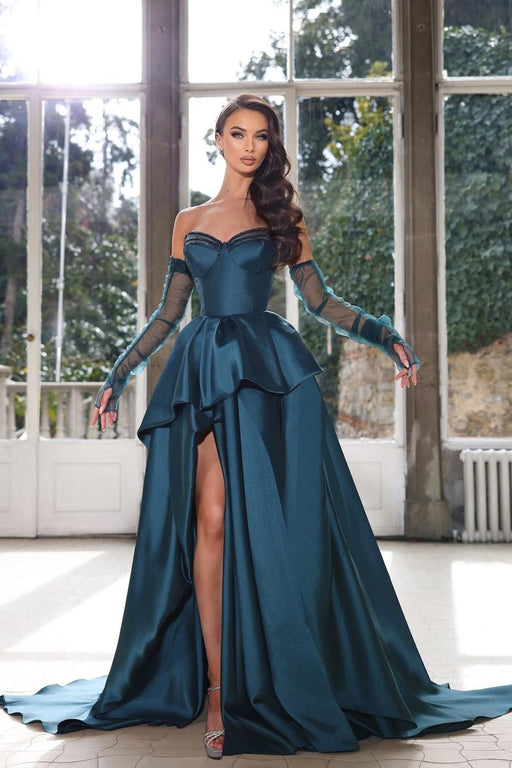 Strapless Ink Blue Prom Dress with Half Sleeves and High Slit