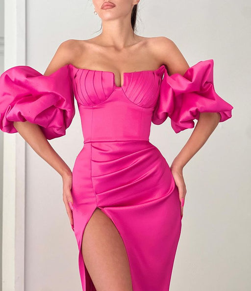 Radiant Fuchsia Mermaid Evening Gown with Off-the-Shoulder Puff Sleeves and Daring Split