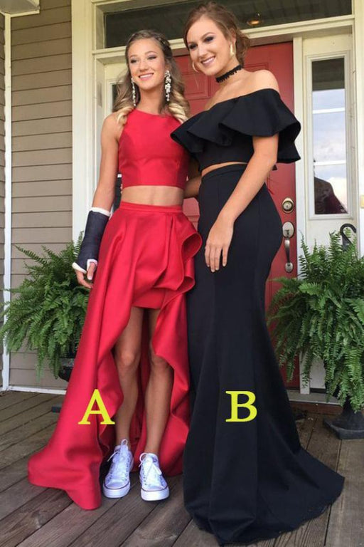 Fabulous Attractive Beautiful Two Piece Red Jewel Long Prom Dress Black Mermaid Off the Shoulder Evening Gown - Prom Dresses