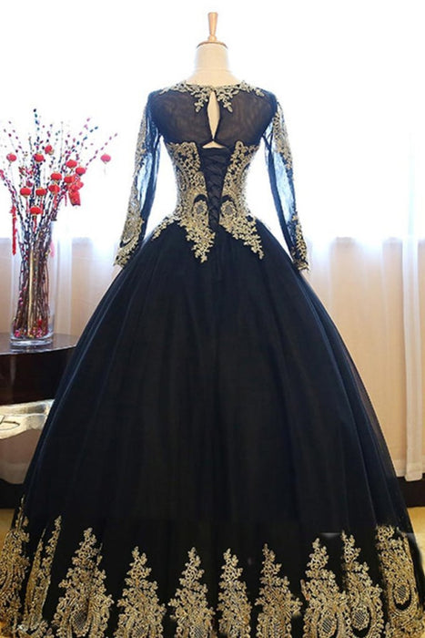 Fabulous Awesome Marvelous Black Ball Gown Long Sleeves Party Princess Tulle Prom Dress with Lace Appliques - Prom Dresses