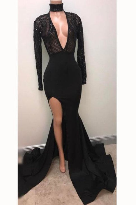 Fabulous Black Deep V-neck Long Sleeve Prom Dresses Split Sexy Evening Gown - Prom Dresses