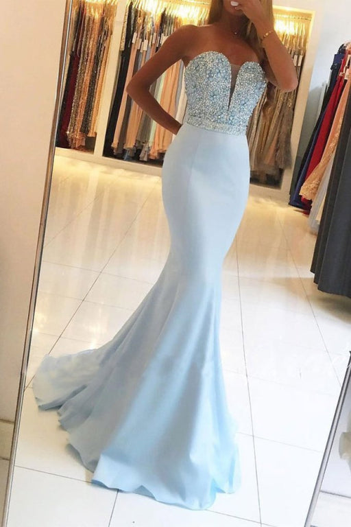 Fabulous Fabulous Eye-catching Light Blue Mermaid Strapless Beading Sleeveless Sweep Train Prom Dresses - Prom Dresses