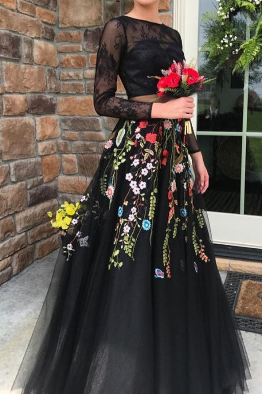 Fabulous Glorious Elegant Two Piece Long Sleeves Black Lace Bodice Tulle Prom Dress with Appliques - Prom Dresses