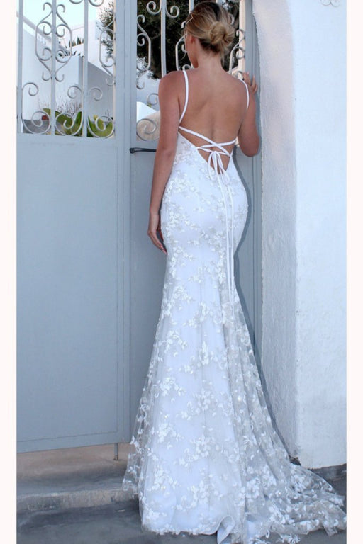 Fabulous Sleek Affordable White Spaghetti Strap V Neck Mermaid Sexy Backless Lace Prom Dress - Prom Dresses