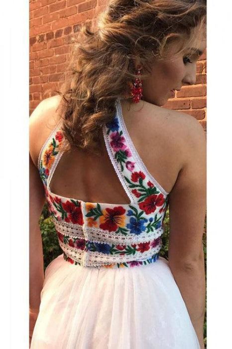 Fabulous Sleek Two Piece High Neck Long Prom with Appliques Unique Sleeveless Party Dress - Prom Dresses