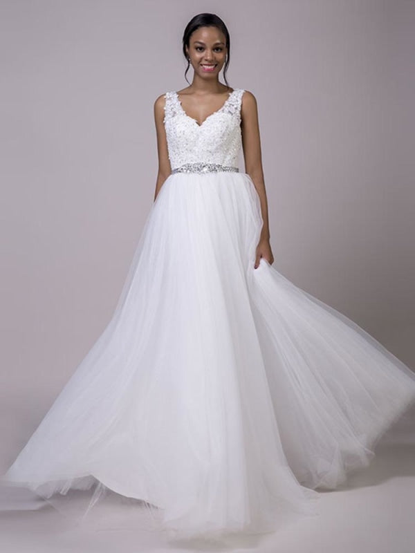 Fancy V-Neck Lace Up Sleeveless A Line Wedding Dresses - White / Floor Length - wedding dresses