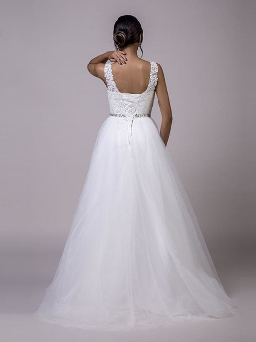 Fancy V-Neck Lace Up Sleeveless A Line Wedding Dresses - wedding dresses