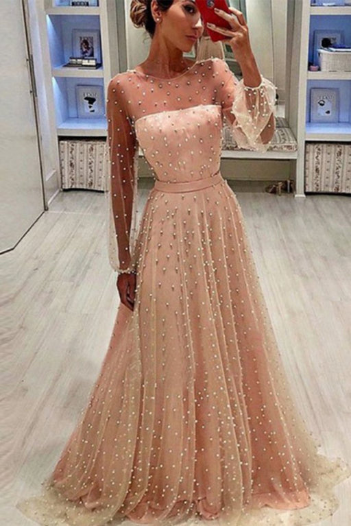 Fascinating Attractive Chic A-Line Jewel Sleeves Pearl Pink Long Prom with Pearls Unique Formal Dress - Prom Dresses