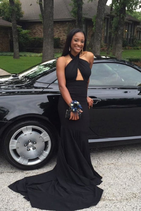Fascinating Black Sleeveless Open Back Prom Dresses with Train - Prom Dresses