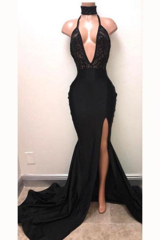 Fascinating Chic Awesome Sexy Black Straps Deep V-neck Mermaid Split Sleeveless Evening Dress with Lace - Prom Dresses