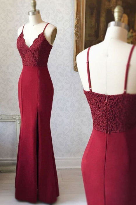 Fascinating Chic Best Burgundy Spaghetti Strap V Neck Mermaid Bridesmaid Long Prom Dress with Lace - Prom Dresses