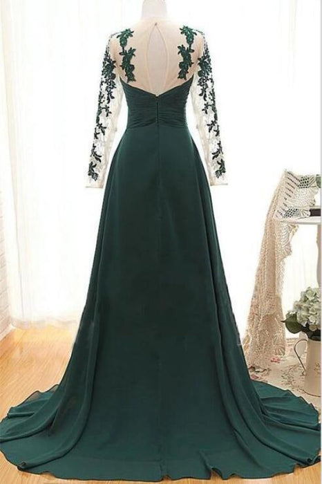 Fascinating Excellent Latest Dark Green Evening Appliques Long Prom Dress with Sleeves - Prom Dresses