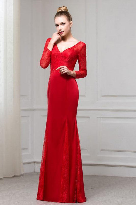 Fascinating Excellent Red Long Sleeves V Neck Mermaid Floor Length Evening Dress with Lace - Prom Dresses