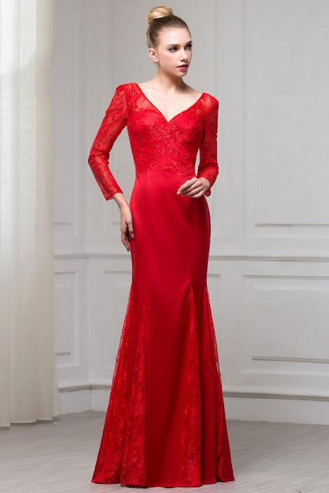 Fascinating Excellent Red Long Sleeves V Neck Mermaid Floor Length Evening Dress with Lace - Prom Dresses