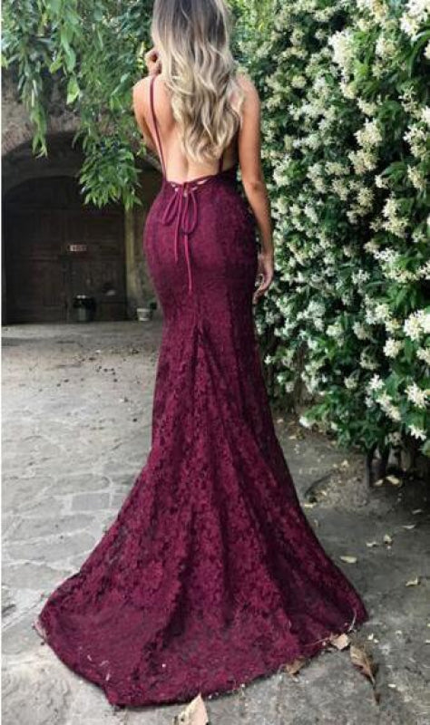 Fascinating Graceful Glorious Burgundy Trumpet Spaghetti Straps V-neck Lace Sweep Train Mermaid Prom Dress - Prom Dresses