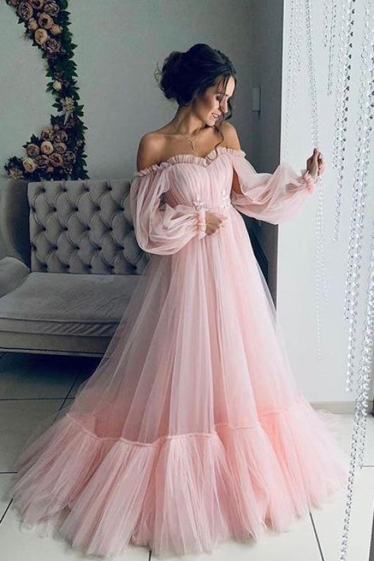 Fascinating Modest Excellent Light Pink Long Sleeves Prom Boho Off the Shoulder Beach Wedding Dresses - Prom Dresses