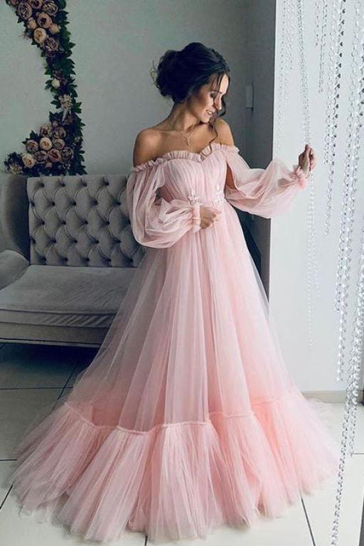 Fascinating Modest Excellent Light Pink Long Sleeves Prom Boho Off the Shoulder Beach Wedding Dresses - Prom Dresses
