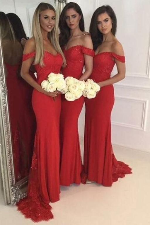 Fascinating Modest Modest Off Shoulder Mermaid Red Bridesmaid with Lace Sequins Stylish Wedding Party Dress - Prom Dresses