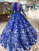 Fascinating Precious Glorious Blue Ball Gown Floral Prom with Sleeves Appliqued Long Quinceanera Dress - Prom Dresses