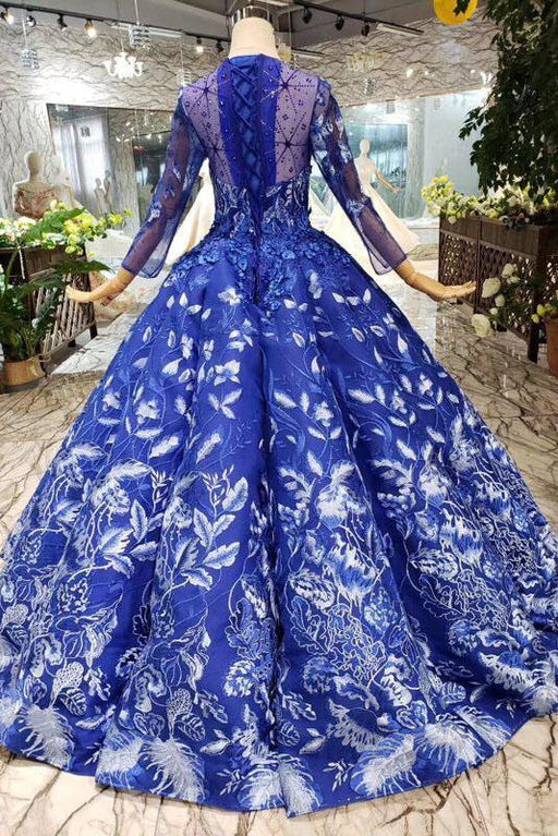 Fascinating Precious Glorious Blue Ball Gown Floral Prom with Sleeves Appliqued Long Quinceanera Dress - Prom Dresses