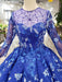 Fascinating Precious Glorious Blue Ball Gown Floral Prom with Sleeves Appliqued Long Quinceanera Dress - Prom Dresses