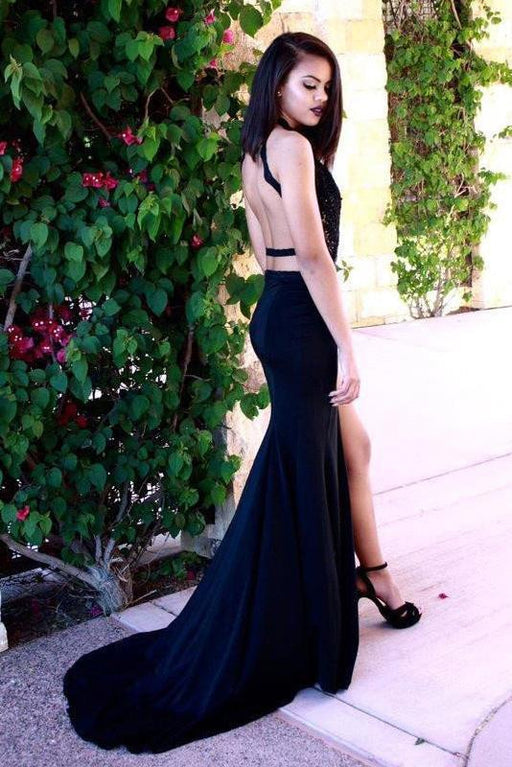 Fascinating Sleek Excellent Sexy Mermaid Long Dark Navy Backless Sweep Train Prom Dress with Side Slit - Prom Dresses