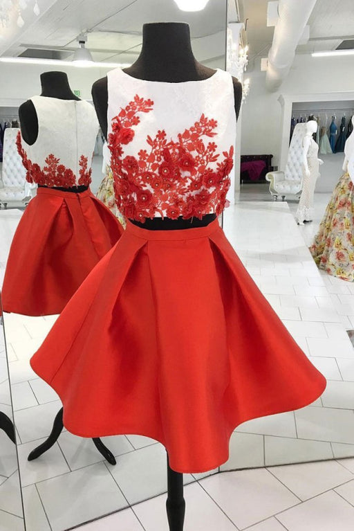 Fascinating Sleek Red Two Piece Dresses Cute Appliqued Satin Homecoming Gown Short Prom Dress - Prom Dresses