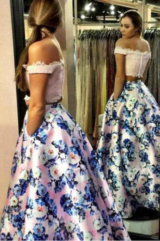 Fascinating Fascinating Two Piece Off the Shoulder Pink Floral Long Prom Gown A-line Formal Dresses with Lace - Prom Dresses